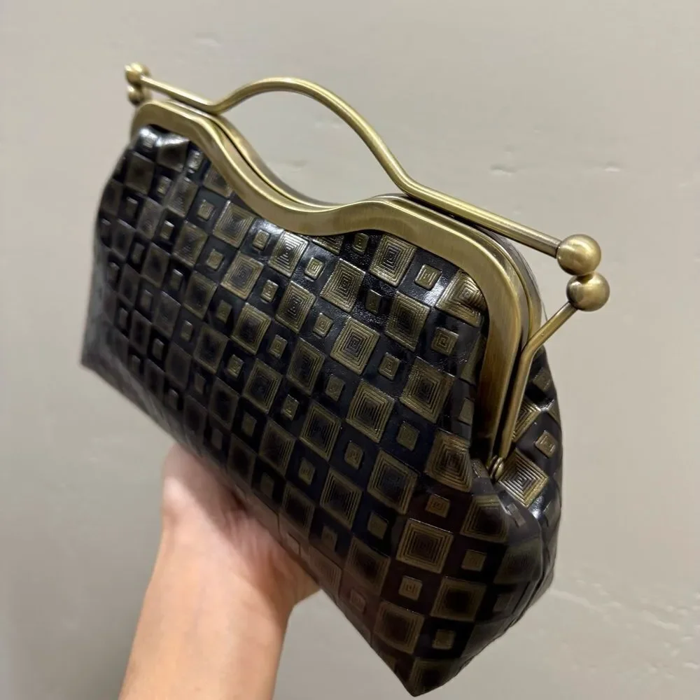 Vintage Pattern Genuine Calfskin Handmade Double Kisslock Purse/Multi Use Style